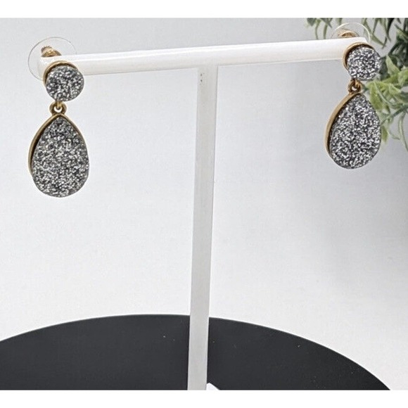 J. Crew Glittery Silver Tear Drop Shaped Druzy Like Smooth Gold Tone Earrings - Picture 1 of 11
